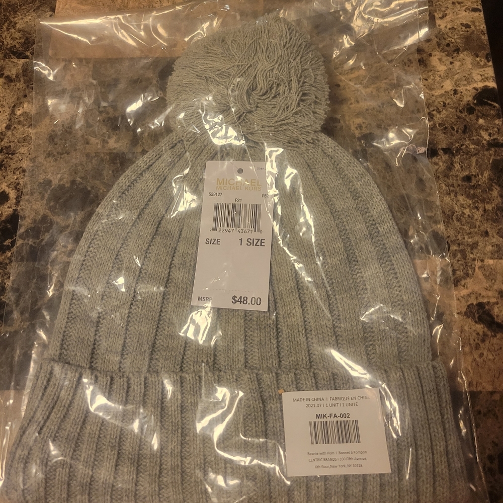 MK NWT Gray Beanie with Pom